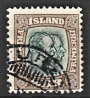 FRIMÆRKER ISLAND | 1907 - AFA 61 - Chr. IX og Frederik VIII - 2 kr. brun/grøn tk. 12 3/4 - Stemplet